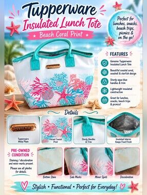 Tupperware Insulated Lunch Tote Beach Coral Starfish Print Aqua Cooler Bag Coast
